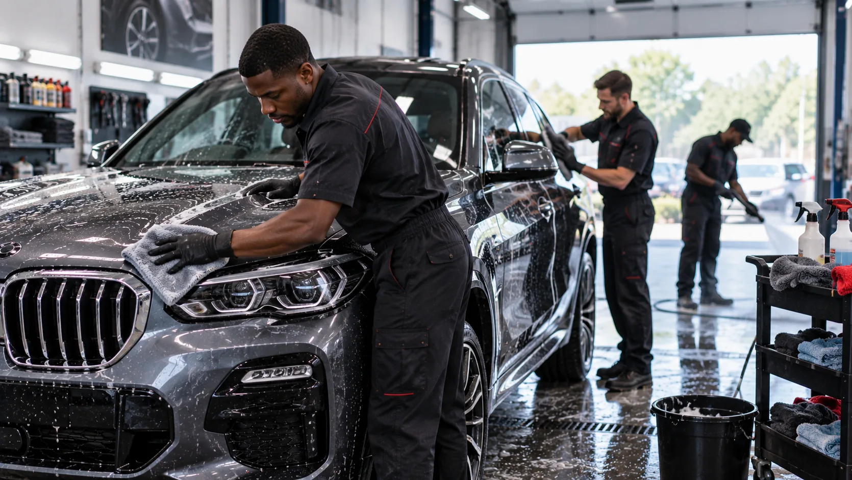 Technician washing and preparing a vehicle before final collection at Bluespan Autopanel
