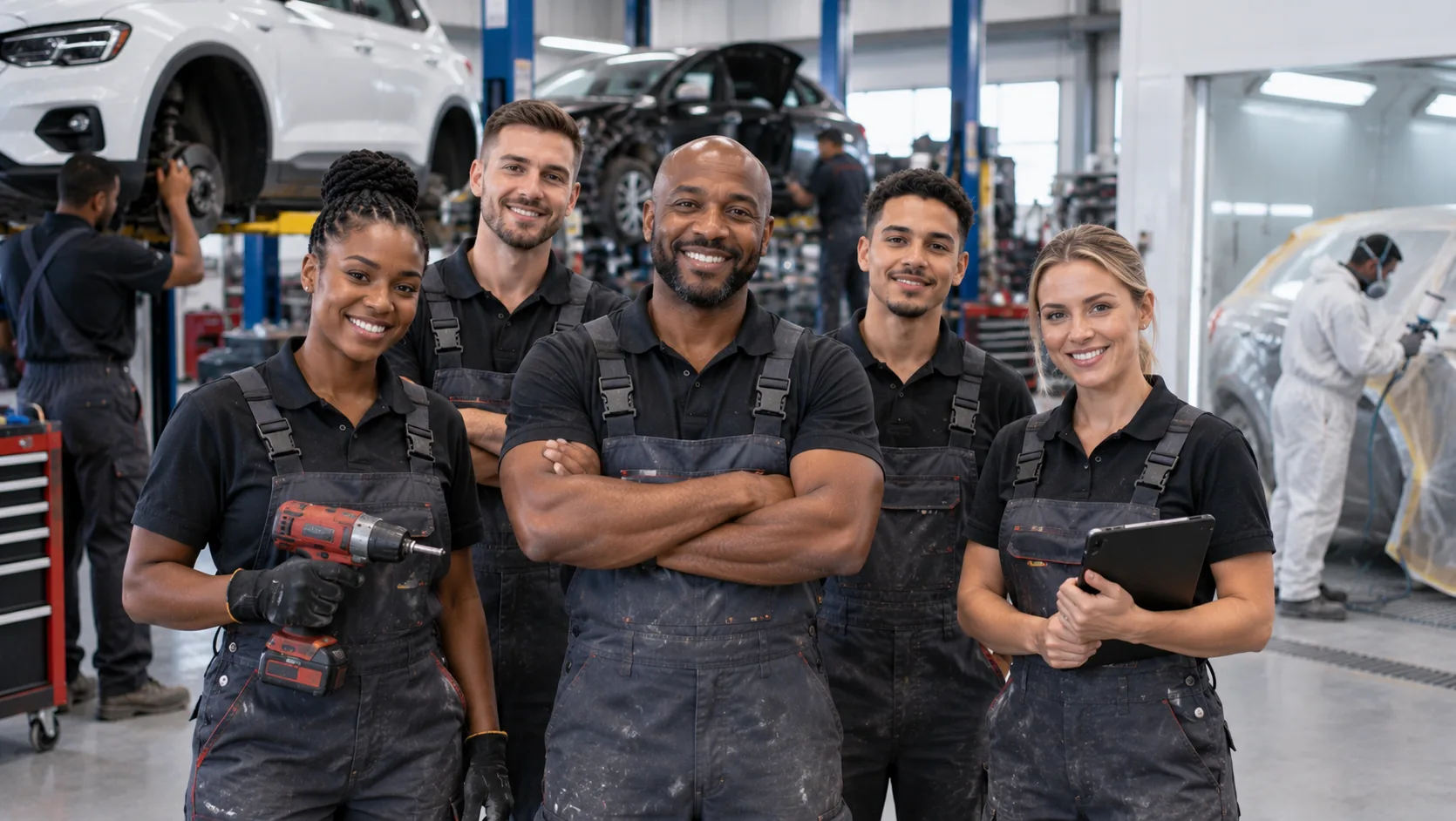 The Bluespan Autopanel workshop team in branded uniforms standing in front of the repair bays