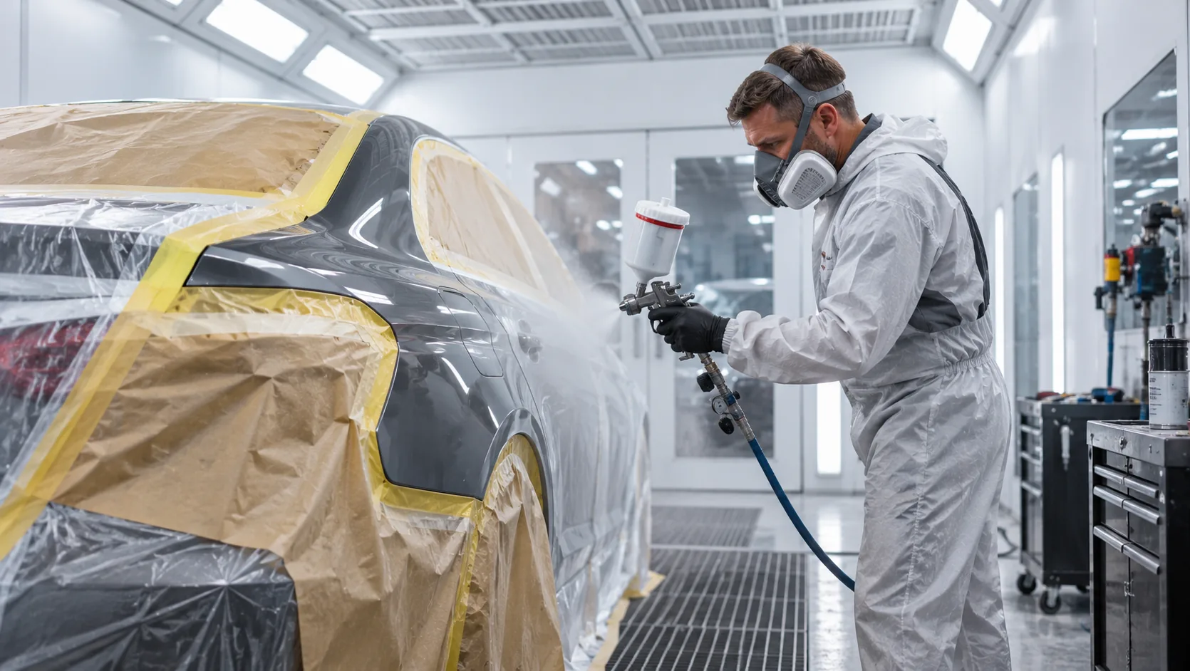 Vehicle masked and prepared for refinishing in a controlled spray painting booth
